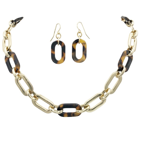 Tortoise Shell Acrylic Chain Necklace Earrings Set - Picture 1 of 3